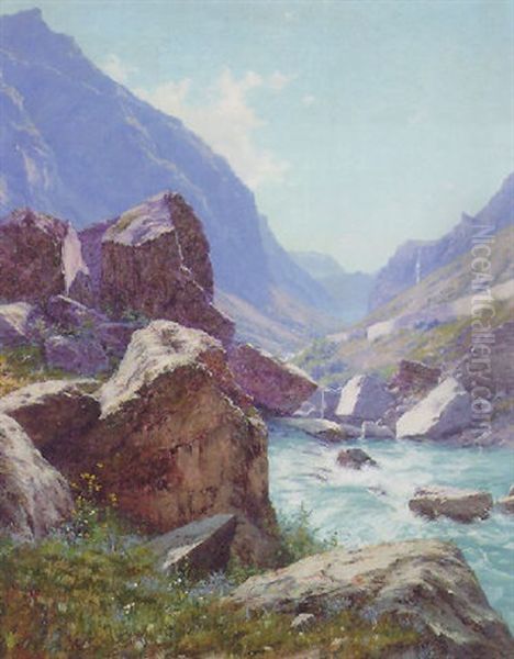 A River Flowing Through A Mountainous Valley Oil Painting by Charles Alexandre Bertier