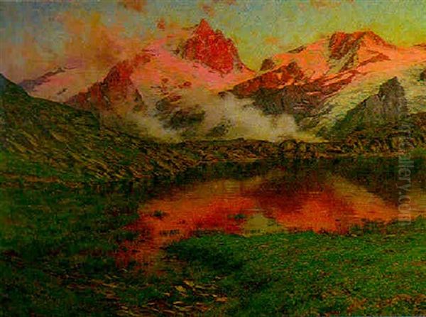 Soleil Couchant Sur La Meije Vue Du Plateau D'emparis Oil Painting by Charles Alexandre Bertier