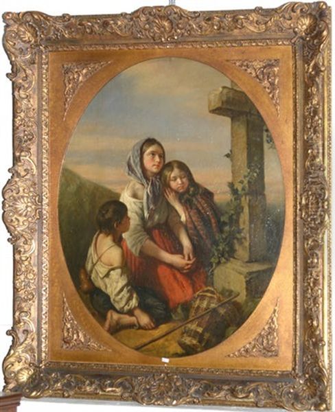 Enfants En Priere Au Bord Du Chemin Oil Painting by Eugene Bertier