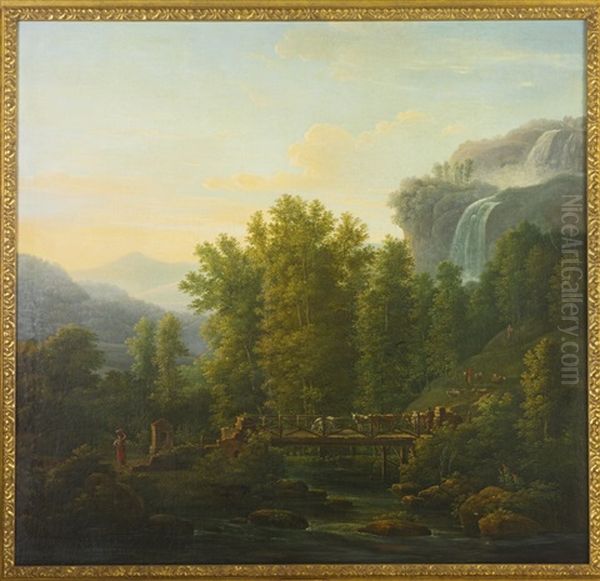 An Arcadian Landscape With Cattle And Drovers, A Waterfall In The Distance Oil Painting by Jean Victor Bertin