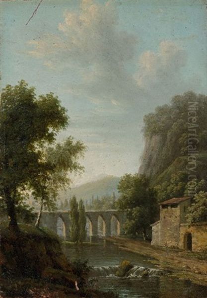 Paysage De Riviere Au Pied D'une Montagne Oil Painting by Jean Victor Bertin