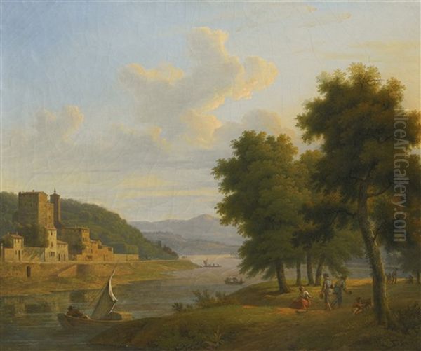 An Italianate River Landscape, With A Fortified Town In The Distance Oil Painting by Jean Victor Bertin