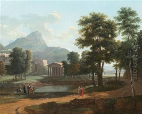 Paysage De Montagnes Avec Un Temple Et Des Philosophes Oil Painting by Jean Victor Bertin