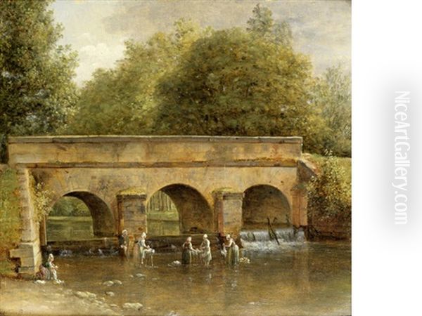 Washerwomen In A River Before A Bridge Oil Painting by Jean Victor Bertin