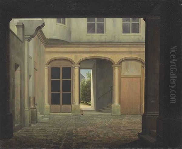 An Italianate Cobblestone Courtyard, A Sunlit Landscape Beyond Oil Painting by Jean Victor Bertin