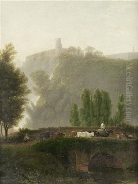 A View Of Tivoli With Drovers Crossing A Bridge In The Foreground Oil Painting by Jean Victor Bertin