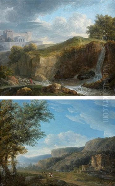 Paysages Italiens Animes De Cavaliers (pair) Oil Painting by Jean Victor Bertin