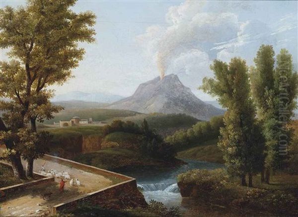 A Wooded River Landscape With A Shepherd And His Flock, Vesuvius Erupting Beyond by Jean Victor Bertin