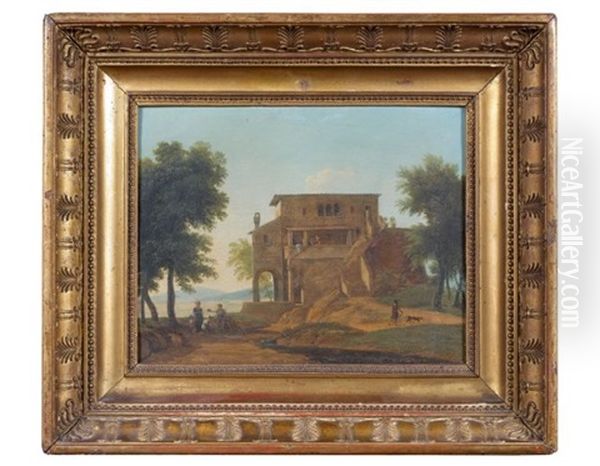 Villa Italienne Antique Pres D'un Lac Et Personnages Pres D'une Fontaine (pair) Oil Painting by Jean Victor Bertin