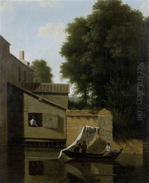 Figures In A Boat Passing A Riverside Town Oil Painting by Jean Victor Bertin