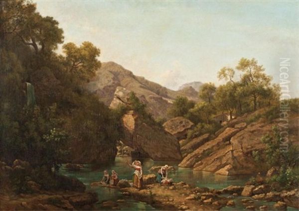 Washing Laundry In An Alpin Stream Oil Painting by Jean Victor Bertin