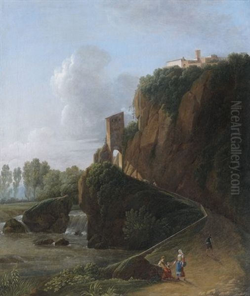 Promeneurs Pres D'une Cascade Dans Un Paysage D'italie Oil Painting by Jean Victor Bertin