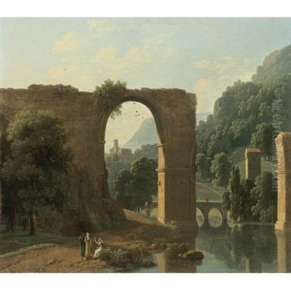 The Ruins Of The Bridge Of Augustus At Narni Oil Painting by Jean Victor Bertin