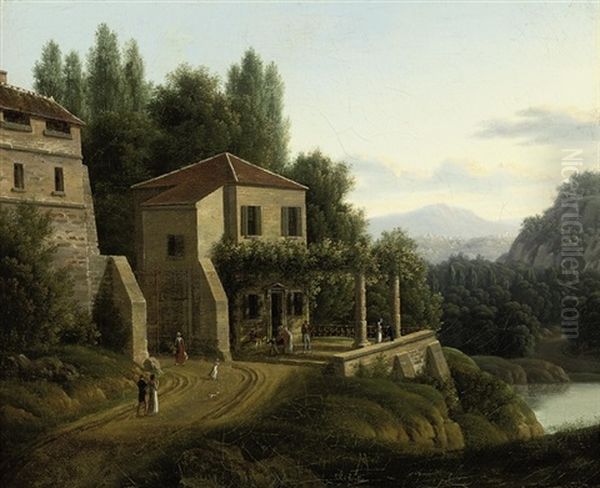 An Italianate River Landscape With Elegant Company Before A Villa Oil Painting by Jean Victor Bertin