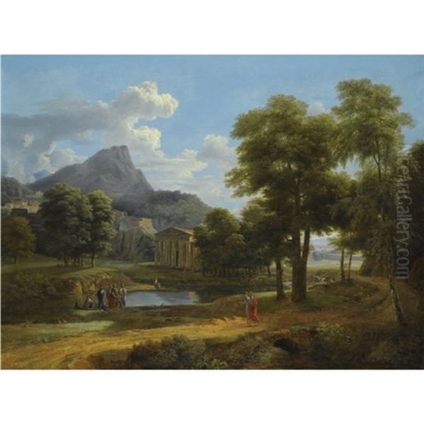 A Mountainous Landscape With Figures By A Lake Before A Classical Temple Oil Painting by Jean Victor Bertin