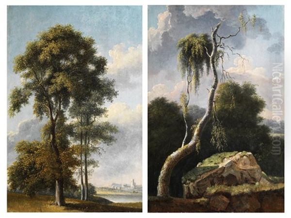 Zwei Hochformatige Baumlandschaften (pair) Oil Painting by Jean Victor Bertin