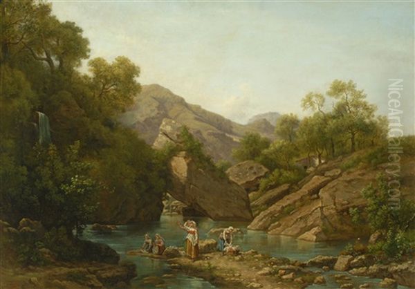 Italianate Riverscape With Washerwomen Oil Painting by Jean Victor Bertin