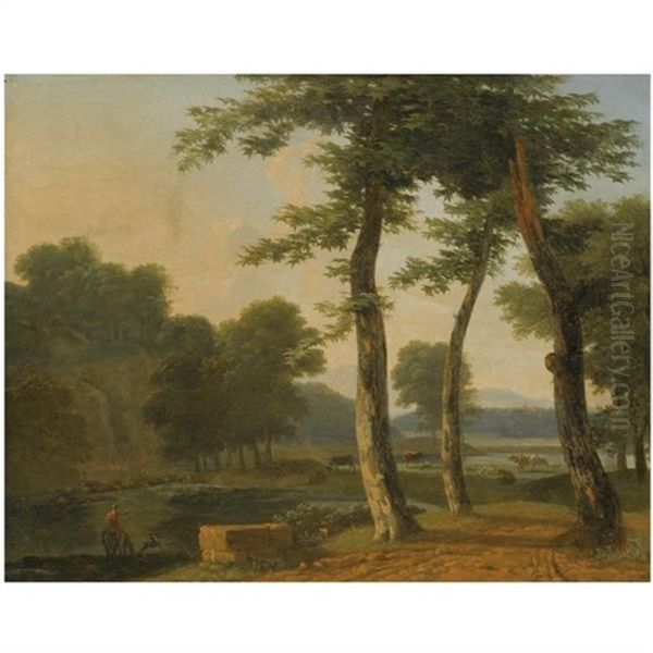 A Pastoral River Landscape With A Figure Beside A Path In The Foreground Oil Painting by Jean Victor Bertin