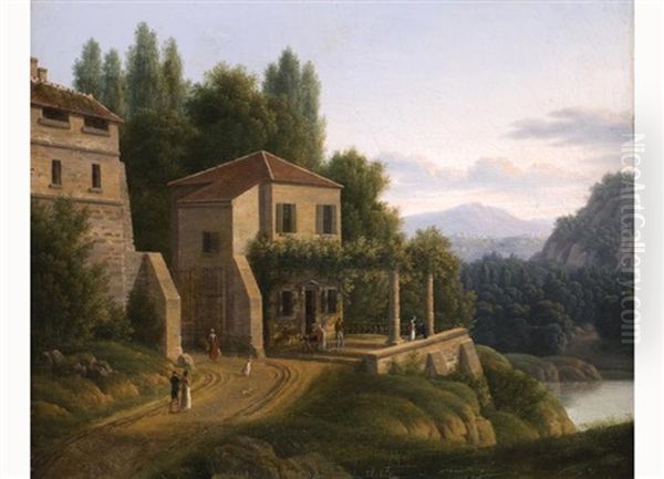 Villengebaude Auf Einem Hugel In Sudlicher Berglandschaft Oil Painting by Jean Victor Bertin