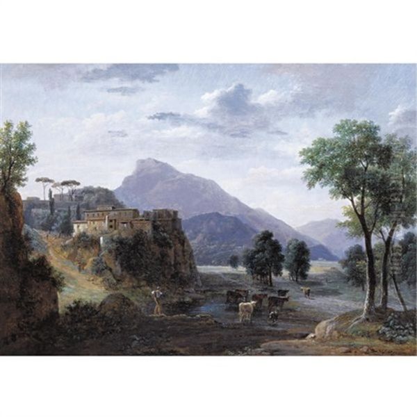 Italianate Mountainous Landscape With A Shepherd And Cattle Crossing A River Oil Painting by Jean Victor Bertin