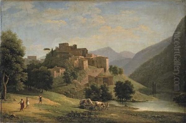 An Italianate Mountainous River Landscape With A Hill-top Town And An Ox-drawn Cart With Figures Oil Painting by Jean Victor Bertin