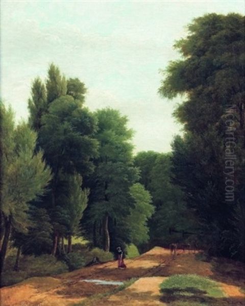 Vue D'une Allee Boisee Avec Une Paysanne Oil Painting by Jean Victor Bertin