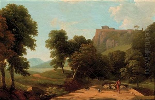 A Classical Landscape With A Shepherd And His Flock, Fortifications On A Hilltop Beyond Oil Painting by Jean Victor Bertin