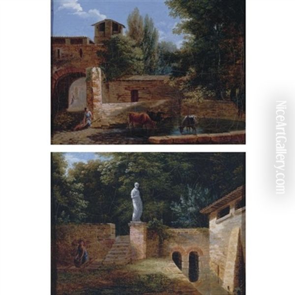 A Sunken Garden With A Girl And A Statue (+ A Farmhouse With A Herdsman Watering His Cows; Pair) Oil Painting by Jean Victor Bertin