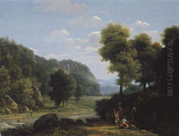 An Italianate Landscape With Women Collecting Water, A Shepherd And His Flock Beyond (+ An Italianate Landscape With Herdsmen Watering At A Stream, With A Town Beyond, 1828; Pair) Oil Painting by Jean Victor Bertin