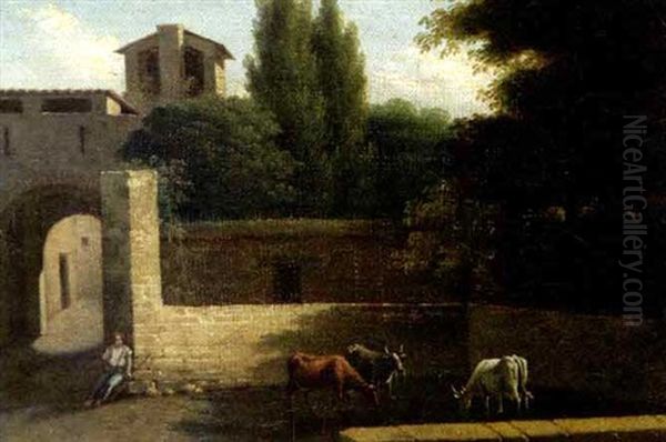 Jeune Bouvier Gardant Son Troupeau A L'entree D'une Ferme Fortifiee Oil Painting by Jean Victor Bertin