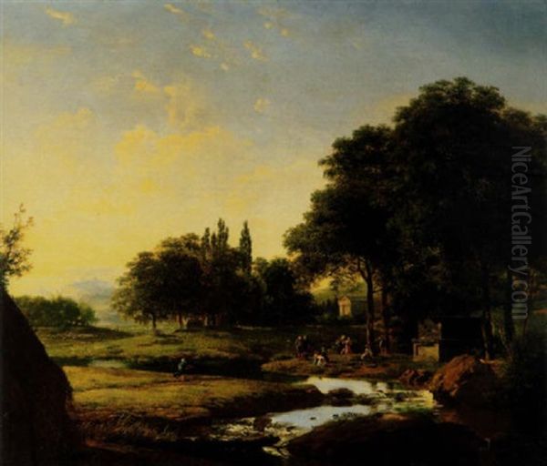 An Arcadian Landscape At Sunset With Figures Dancing Near A Tomb, A Classical Temple Beyond Oil Painting by Jean Victor Bertin