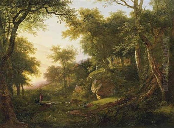 Wooded Landscape With Two Figures Beside A Stream Oil Painting by Jean Victor Bertin