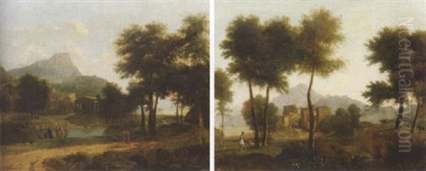 A Wooded Landscape With A Shepherd Before A Hamlet Oil Painting by Jean Victor Bertin