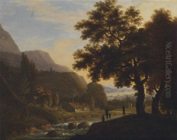 A Mountainous River Landscape With Anglers In The Foreground Oil Painting by Jean Victor Bertin