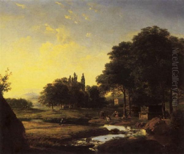 An Arcadian Landscape At Sunset With Figures Dancing Near A Tomb, A Classical Temple Beyond Oil Painting by Jean Victor Bertin