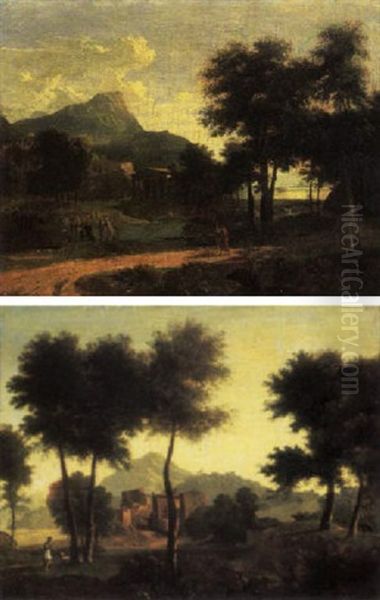 A Wooded Landscape With A Shepherd Before A Hamlet by Jean Victor Bertin