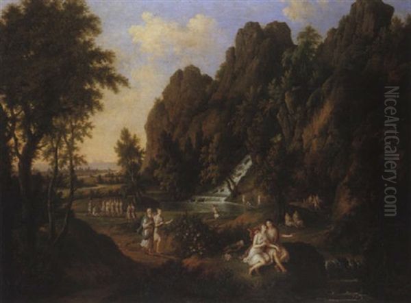 Diane Et Adonis Dans Un Paysage Classique Avec Une Cascade Oil Painting by Jean Victor Bertin