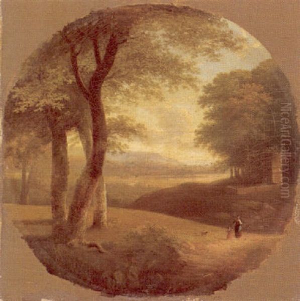 A Classical Landscape With Figures On A Path Oil Painting by Jean Victor Bertin