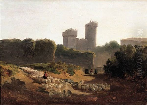 A Shepherd With His Sheep Outside A Castle's Walls Oil Painting by Jean Victor Bertin