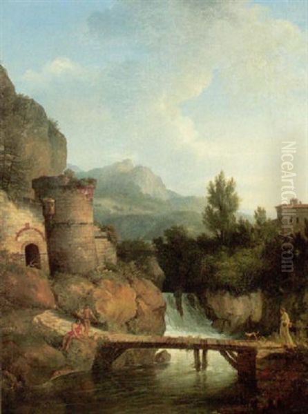 A River Landscape With Fishermen And A Lady With A Dog Crossing A Small Wooden Bridge, A Waterfall And Mountains Beyond Oil Painting by Jean Victor Bertin