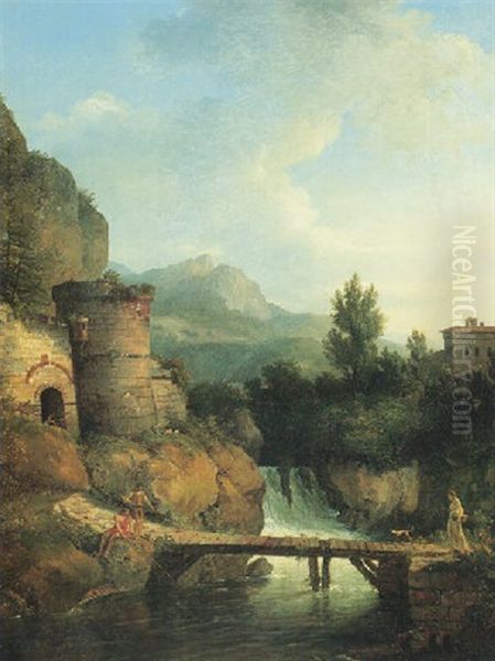 A River Landscape With Fishermen And A Lady With A Dog Crossing A Small Wooden Bridge, A Waterfall And Mountains Beyond Oil Painting by Jean Victor Bertin