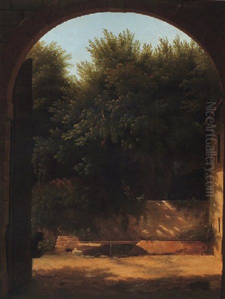 A View Of A Sunlit Courtyard With A Trough, Seen Through An Archway Oil Painting by Jean Victor Bertin