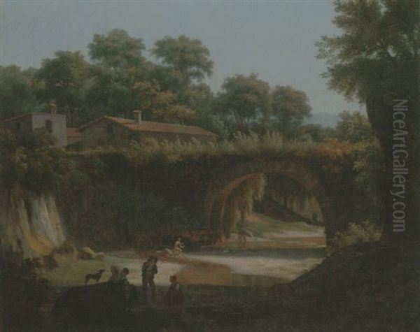 A Wooded River Landscape With Fishermen And Bathers Oil Painting by Jean Victor Bertin