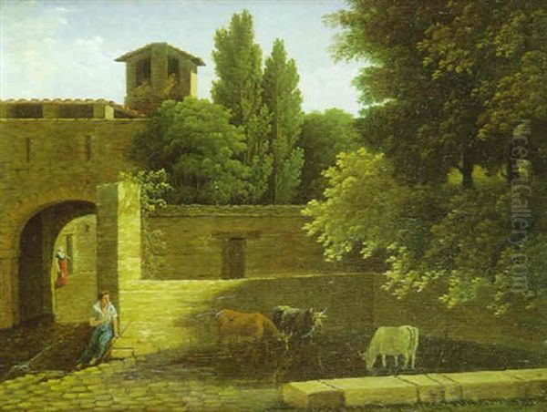 L'abreuvoir Pres D'une Ferme Oil Painting by Jean Victor Bertin