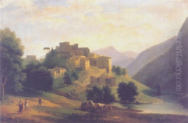 Landscape With A Town On The Edge Of A River And An Ox-drawn Cart And Figures In The Foreground Oil Painting by Jean Victor Bertin