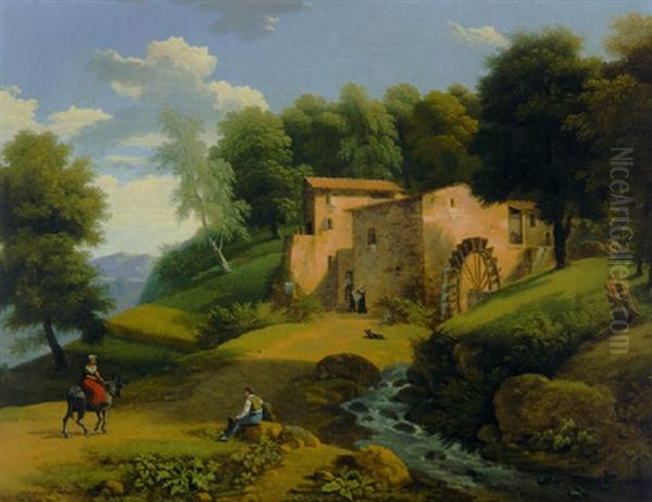 An Overshot Mill In A Wooded Landscape Oil Painting by Jean Victor Bertin