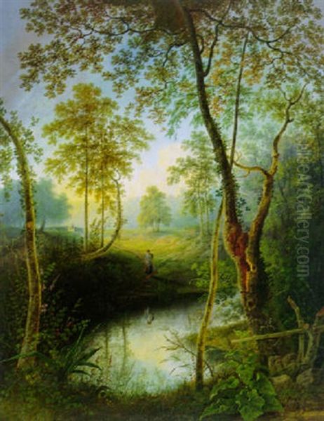 Wooded Landscape With A Woman Nearing A Stream Oil Painting by Jean Victor Bertin