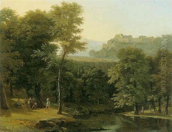 Wooded Landscape With Figures Along Riverbanks Oil Painting by Jean Victor Bertin