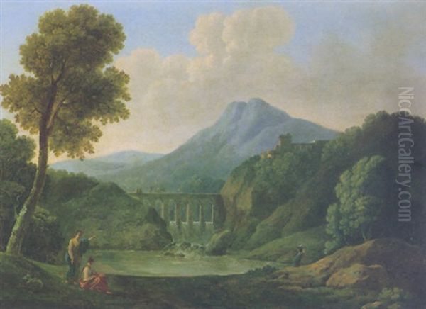 Classical Landscape With A Bridge And A Waterfall Oil Painting by Jean Victor Bertin