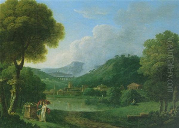 Classical Landscape With A Town By A Lake Oil Painting by Jean Victor Bertin